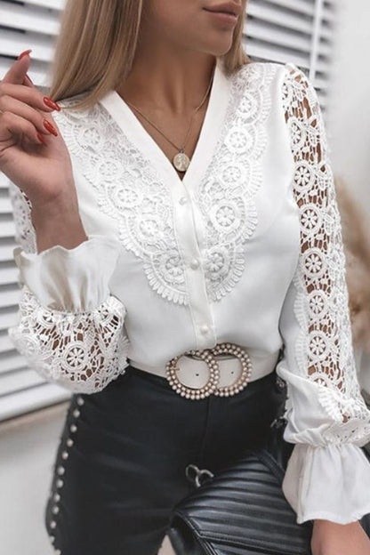 Hoombox Work Solid Lace V Neck Blouses