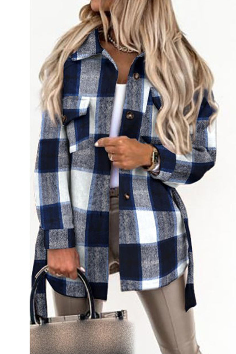 Hoombox Street Plaid Buckle With Belt Turndown Collar Outerwear(5 Colors)