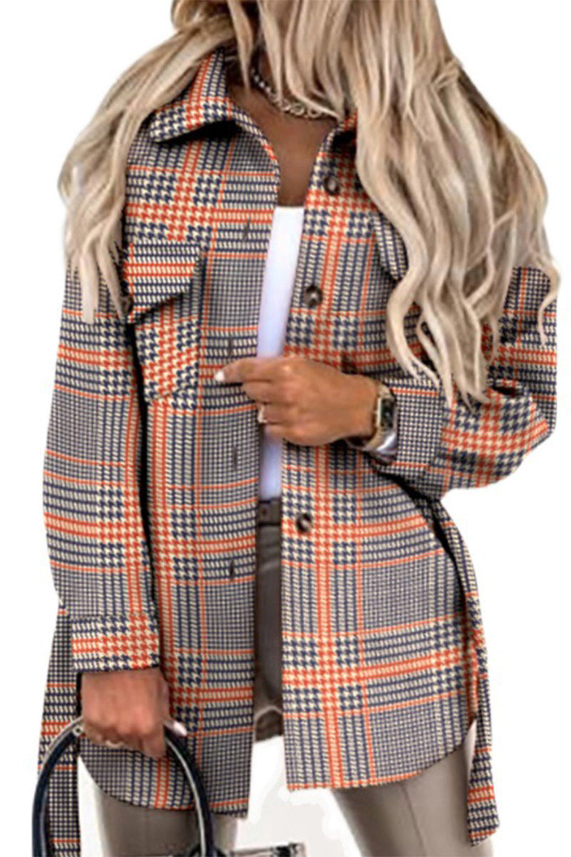 Hoombox Street Plaid Buckle With Belt Turndown Collar Outerwear(5 Colors)