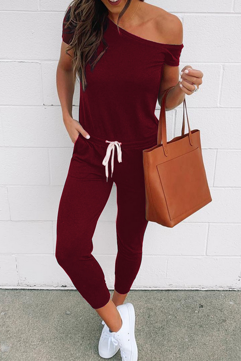 Casual Solid Draw String One Shoulder Skinny Jumpsuits(4 Colors)