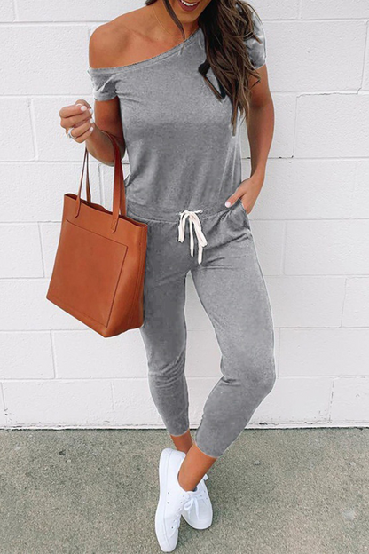 Casual Solid Draw String One Shoulder Skinny Jumpsuits(4 Colors)