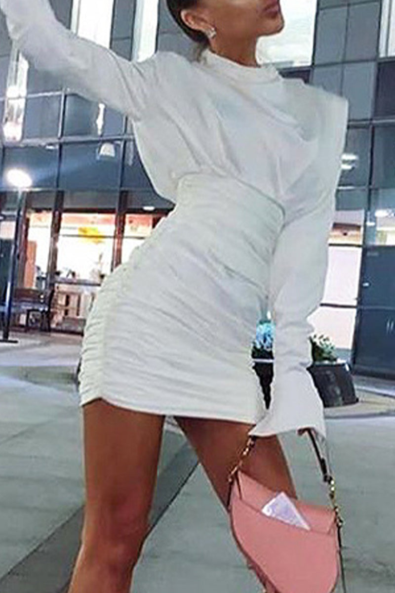Hoombox Elegant Solid Fold Half A Turtleneck Waist Skirt Dresses(4 Colors)