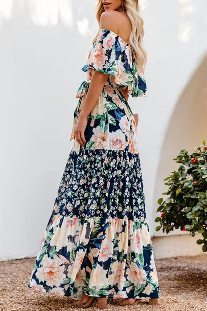 Elegant Floral Patchwork Flounce Off the Shoulder Cake Skirt Dresses