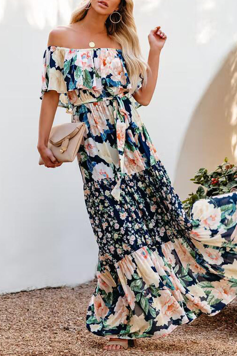 Elegant Floral Patchwork Flounce Off the Shoulder Cake Skirt Dresses