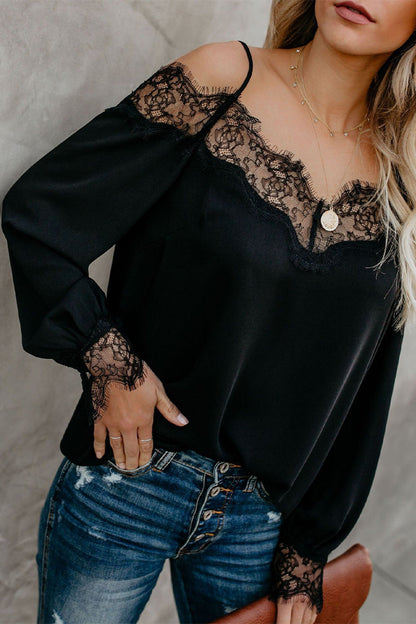 Hoombox Sexy Solid Lace Patchwork V Neck Tops