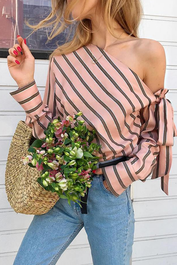 Hoombox Daily Striped Patchwork One Shoulder Blouses