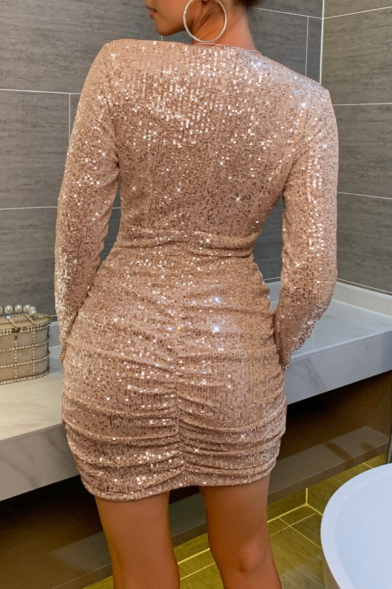 Hoombox Sexy Patchwork Sequins Fold V Neck Long Sleeve Dresses(5 Colors)