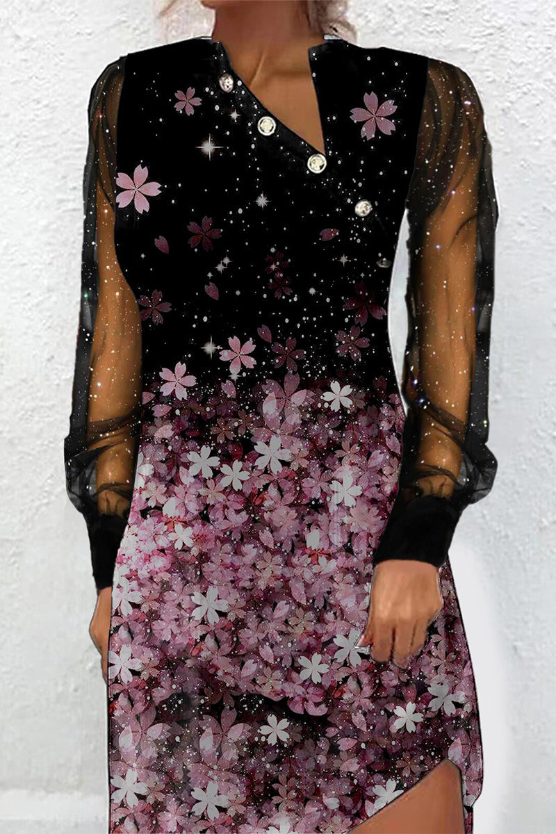 Hoombox Elegant Print Patchwork Buttons Mesh V Neck Princess Dresses(6 Colors)