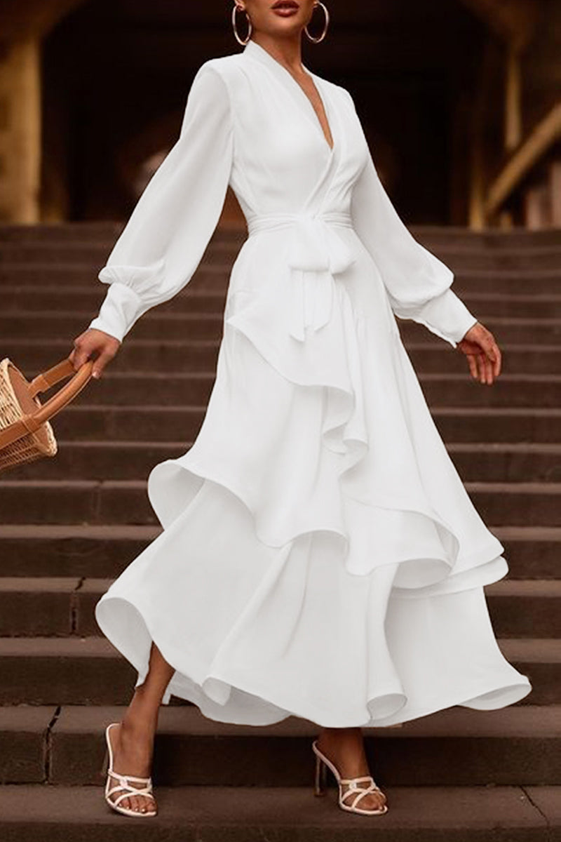 Hoombox Elegant Simplicity Solid Flounce V Neck Irregular Dress Dresses