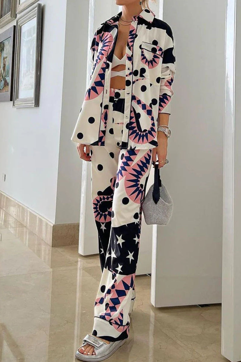 Hoombox Casual Print Patchwork Turndown Collar Long Sleeve Two Pieces
