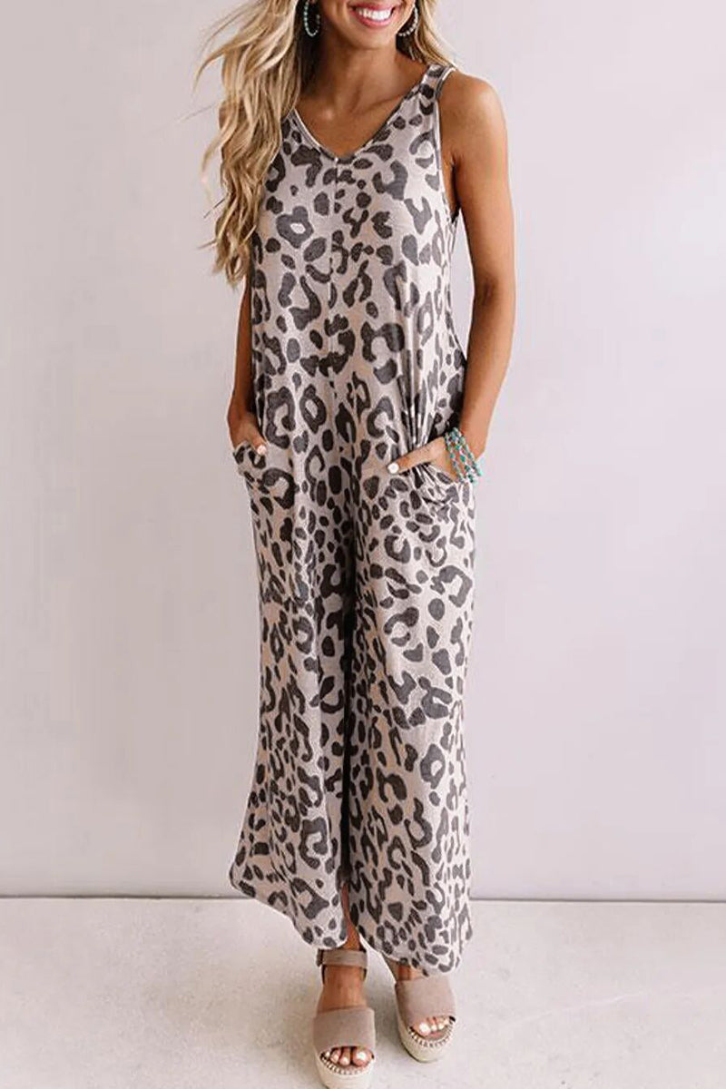 Hoombox Casual College Leopard Pocket Loose Jumpsuits