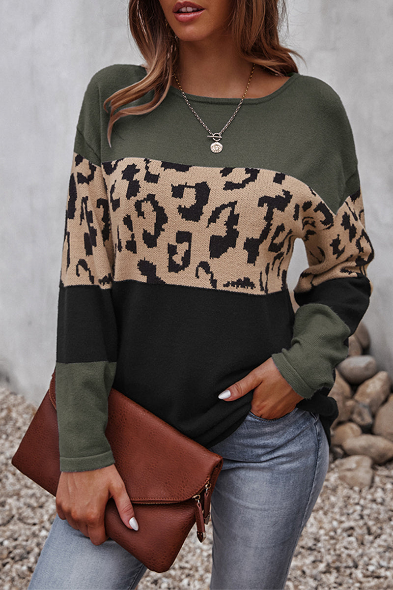 Hoombox Casual Leopard Patchwork Contrast O Neck Tops