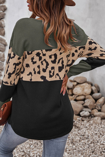 Hoombox Casual Leopard Patchwork Contrast O Neck Tops