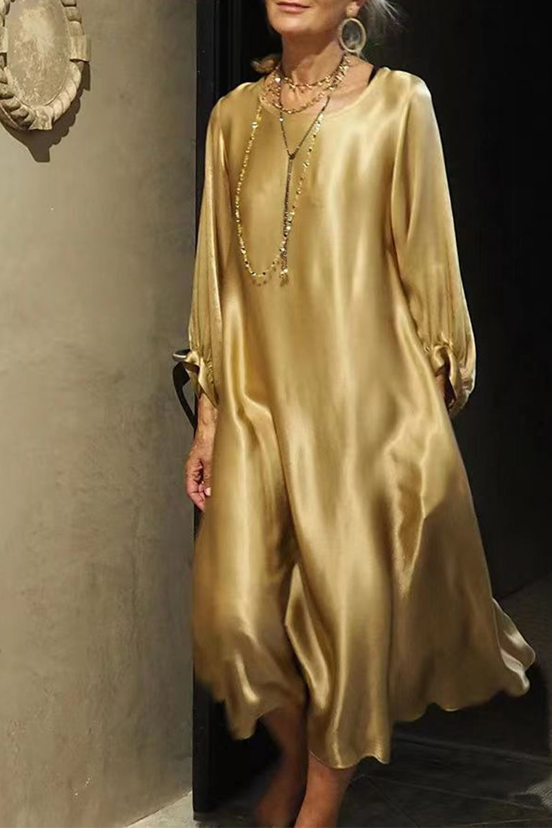 Hoombox Celebrities Elegant Solid Bright Silk O Neck Long Sleeve Dresses(3 Colors)