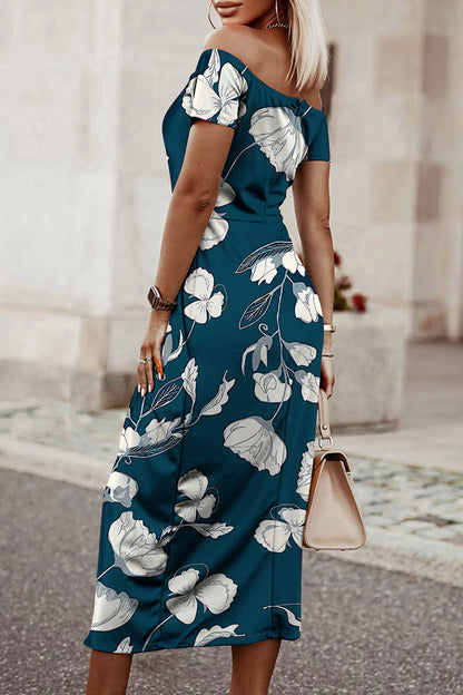 Sexy Elegant Print Patchwork Slit Off the Shoulder Printed Dress Dresses