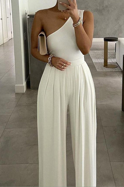 Casual Simplicity Solid Asymmetrical Solid Color One Shoulder Loose Jumpsuits(3 Colors)