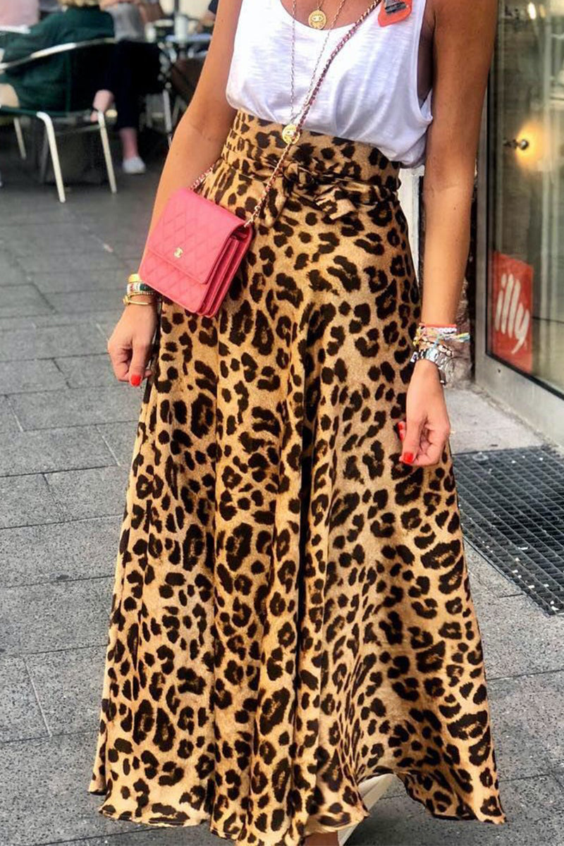 Hoombox Satin Leopard Tie Front Elastic Waist Midi Skirt