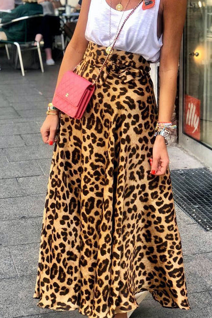 Hoombox Satin Leopard Tie Front Elastic Waist Midi Skirt