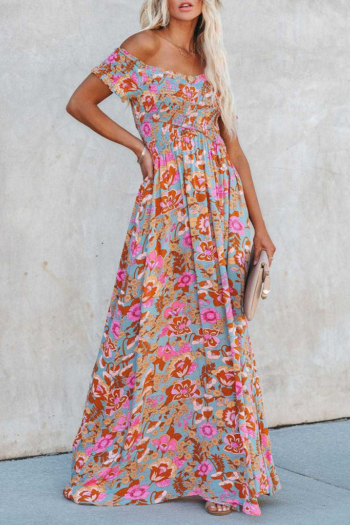 Elegant Vacation Floral Patchwork Off the Shoulder Printed Dress Dresses