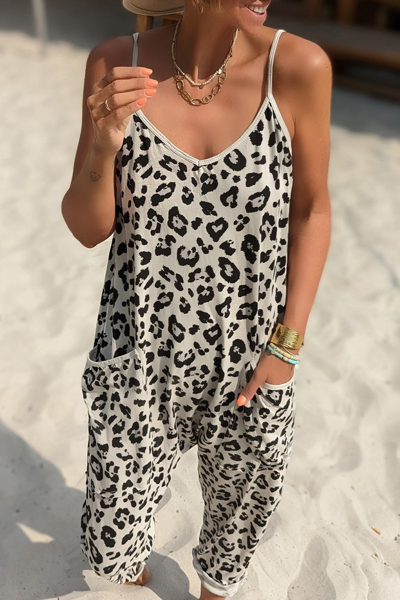 Hoombox Casual Leopard Pocket Printing V Neck Loose Jumpsuits