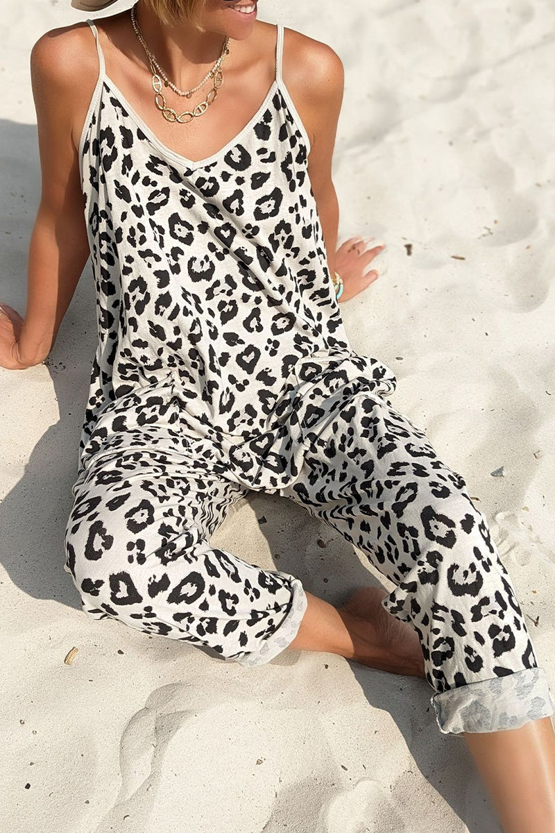 Hoombox Casual Leopard Pocket Printing V Neck Loose Jumpsuits