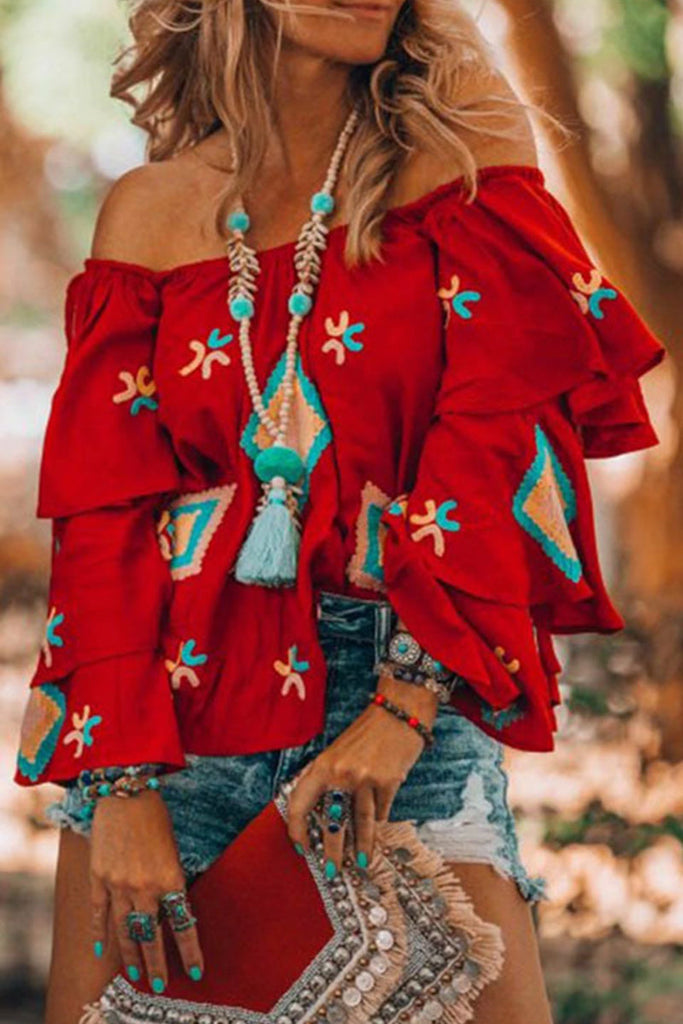 Bohemian College Geometric Patchwork Off the Shoulder Tops