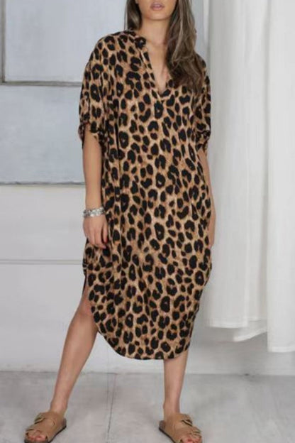 Hoombox Casual Print Leopard Patchwork V Neck Printed Dress Dresses