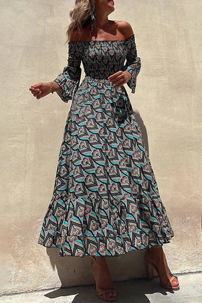 Elegant Print Patchwork Off the Shoulder Irregular Dress Dresses
