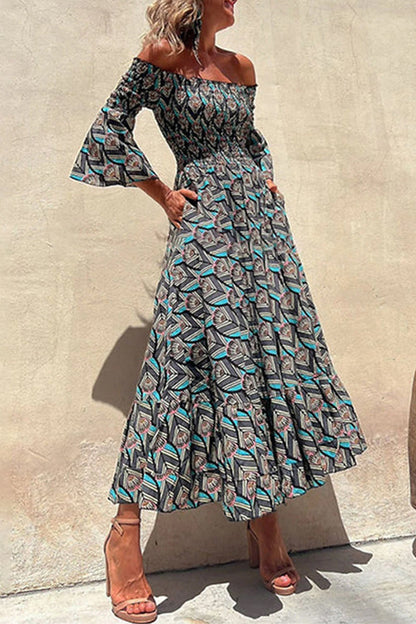 Elegant Print Patchwork Off the Shoulder Irregular Dress Dresses