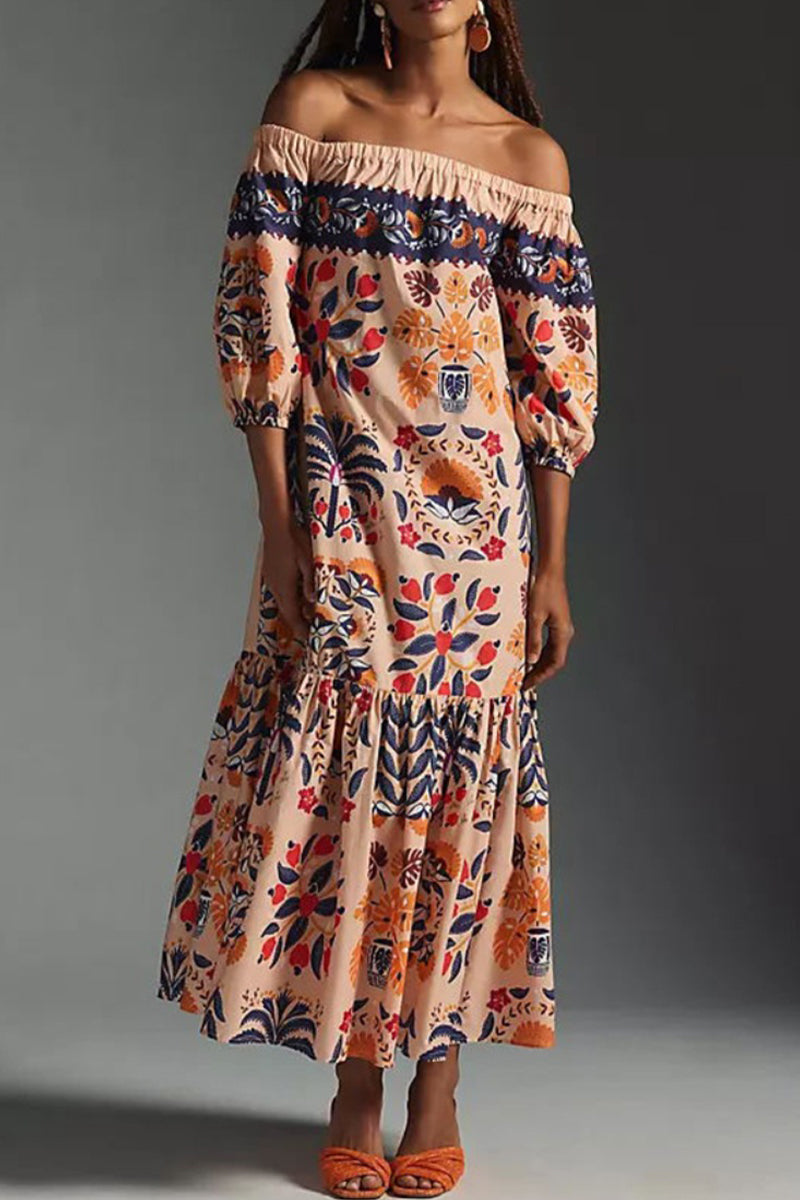 Elegant College Floral Patchwork Off the Shoulder Printed Dress Dresses