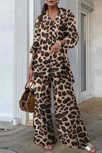 Hoombox Casual Leopard Patchwork Turndown Collar Long Sleeve Two Pieces