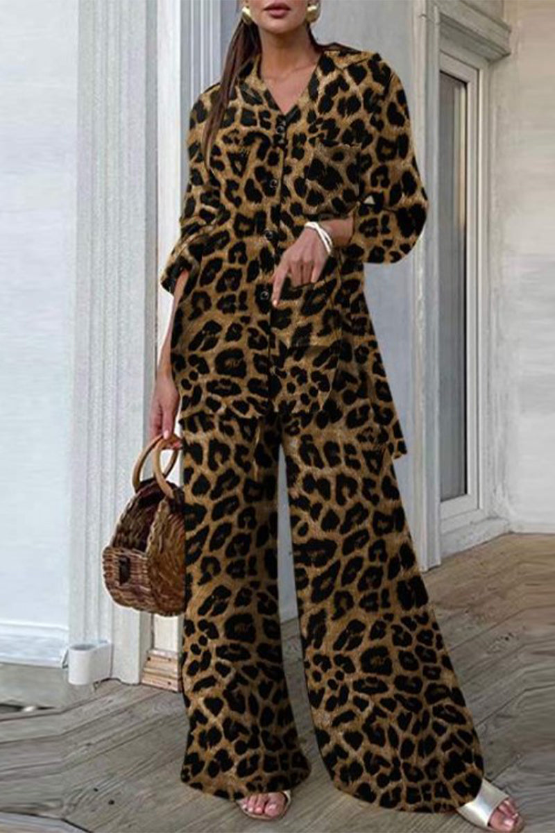 Hoombox Casual Leopard Patchwork Turndown Collar Long Sleeve Two Pieces