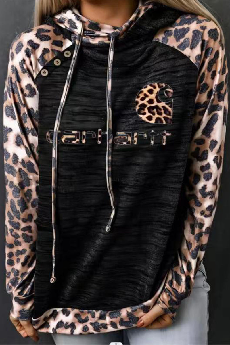 Hoombox Casual Leopard Patchwork Buttons Hooded Collar Tops