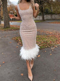hoombox Fashion Pearl Feather Panel Sequin Dress