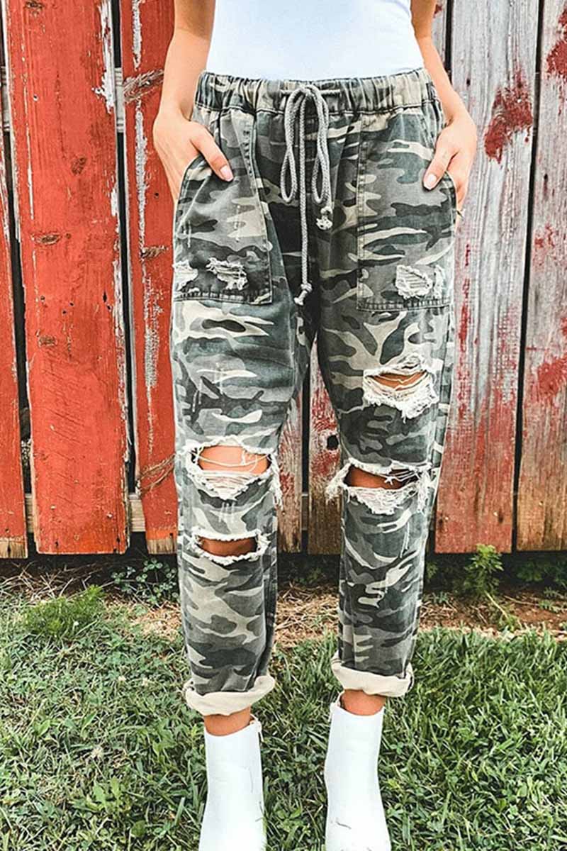 Hoombox  Adjustable Waist Camouflage Bottoms With Holes