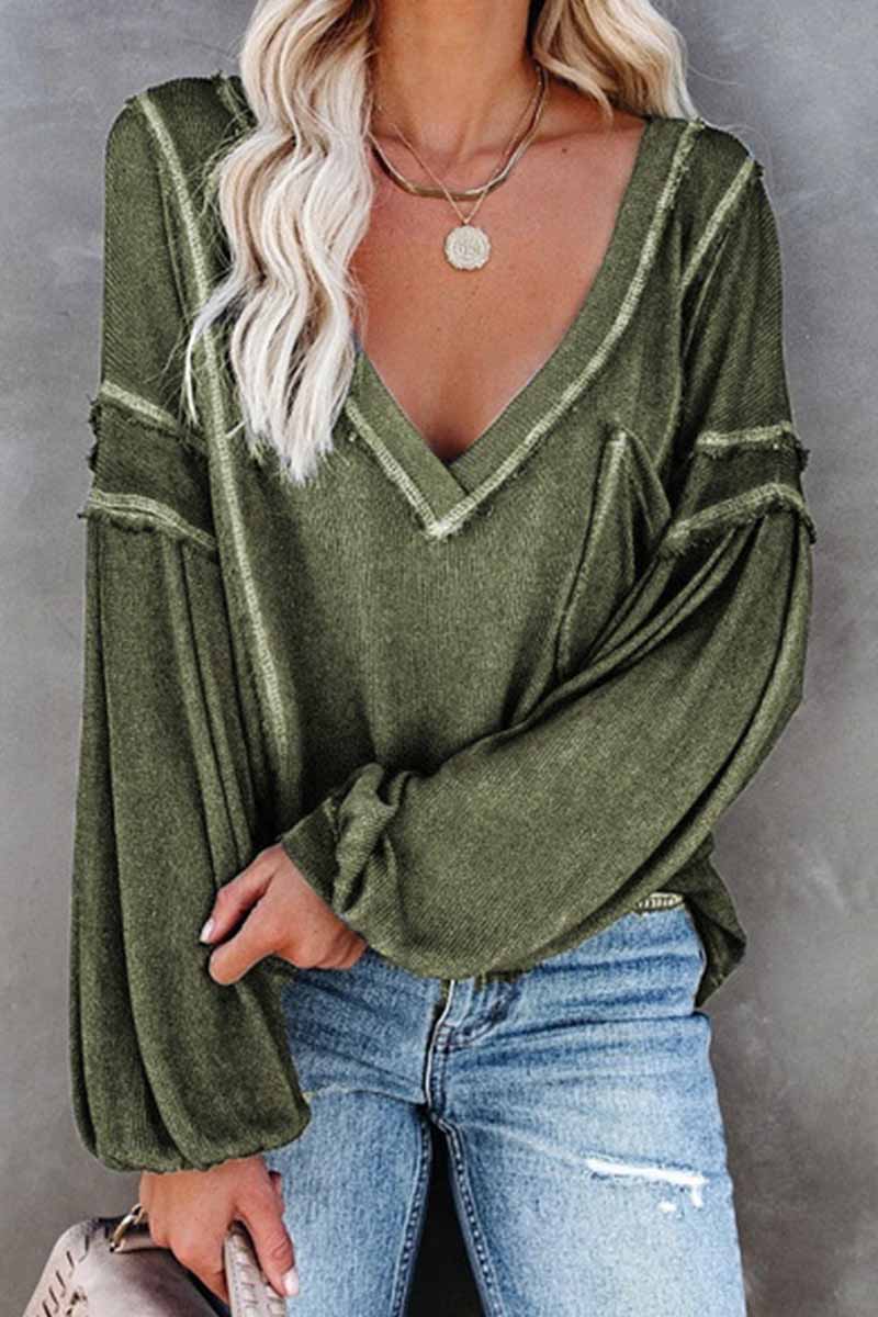 Hoombox  Solid Color Pullover V-Neck Bubble Long Sleeves Tops(4 Colors)