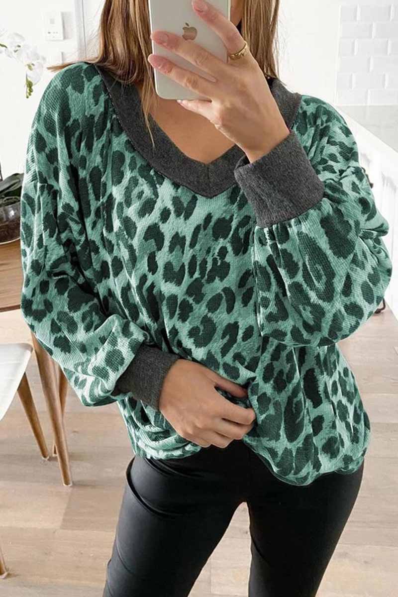 Hoombox  V-neck Long Sleeve Leopard Print Pullover Tops