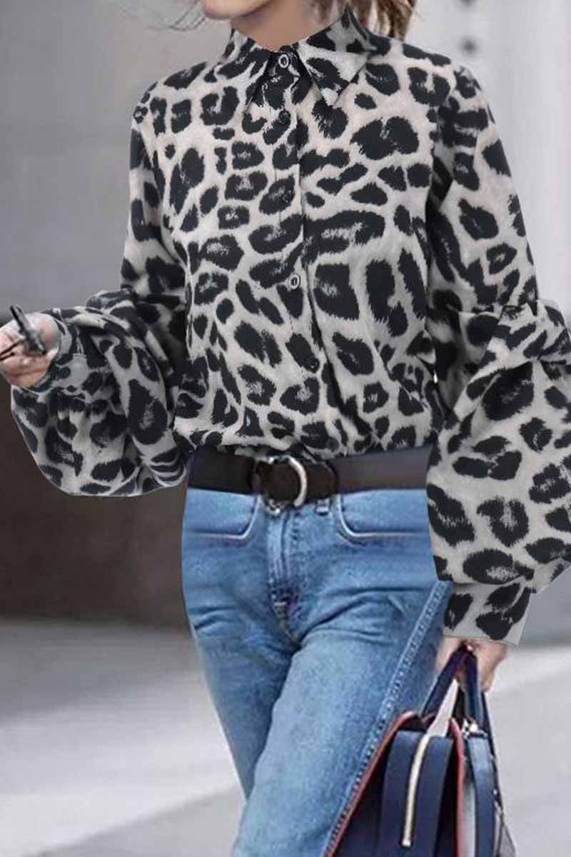 Hoombox  Loose Leopard Print Shirt Collar Long Sleeves Tops