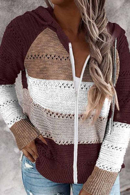 Hoombox  Contrast Color Knitted Zipper Lightweight Hoodie