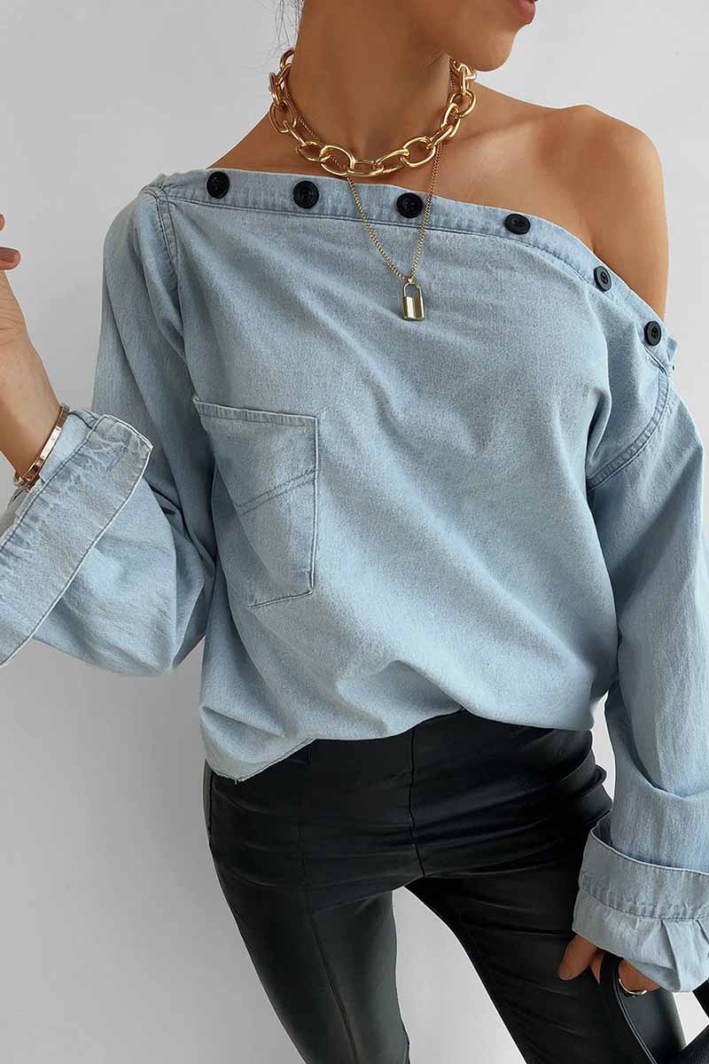 Hoombox  Spring Button-Neck Off-Shoulder Long-Sleeved Denim Shirt