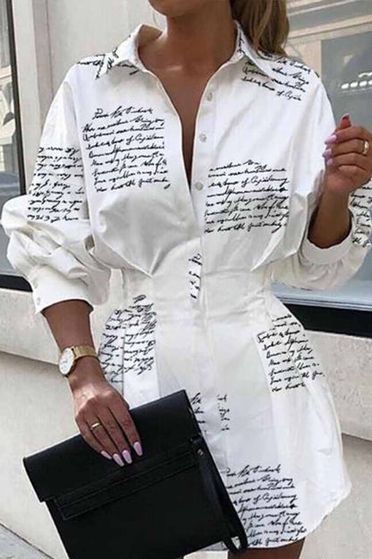 Hoombox  Slim Waist Letter Print Long Sleeve Dress