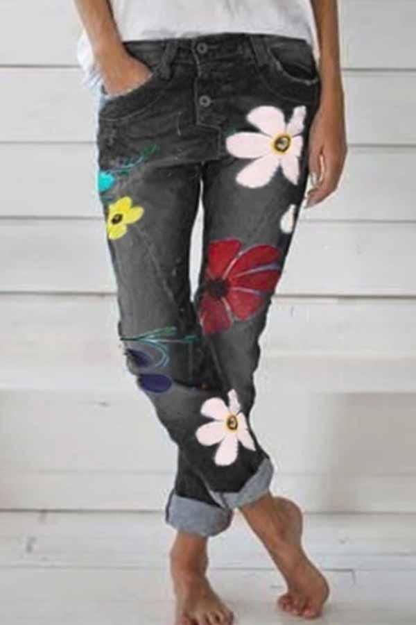 Hoombox  Regular Waist Flower Print Regular Fit Casual Wear Jeans