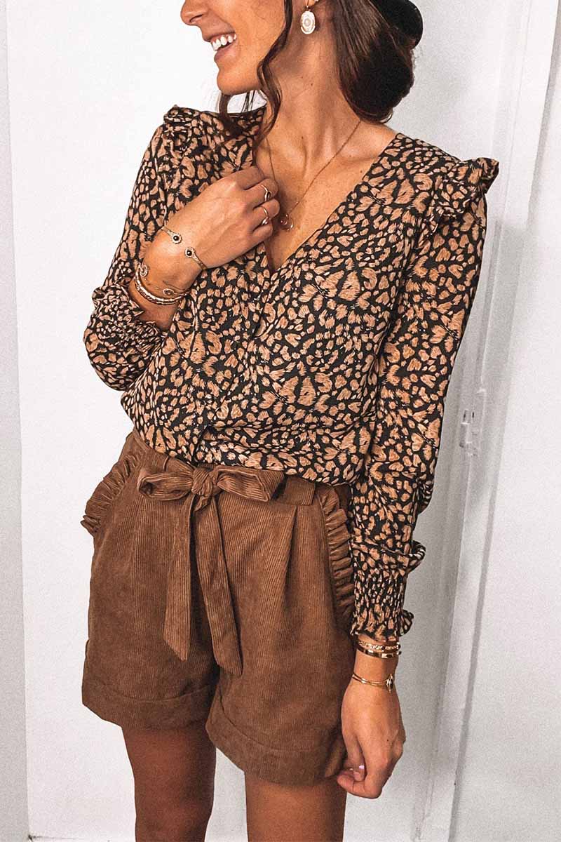 Hoombox  V-Neck Spotted Leopard Print Long-Sleeved Shirt