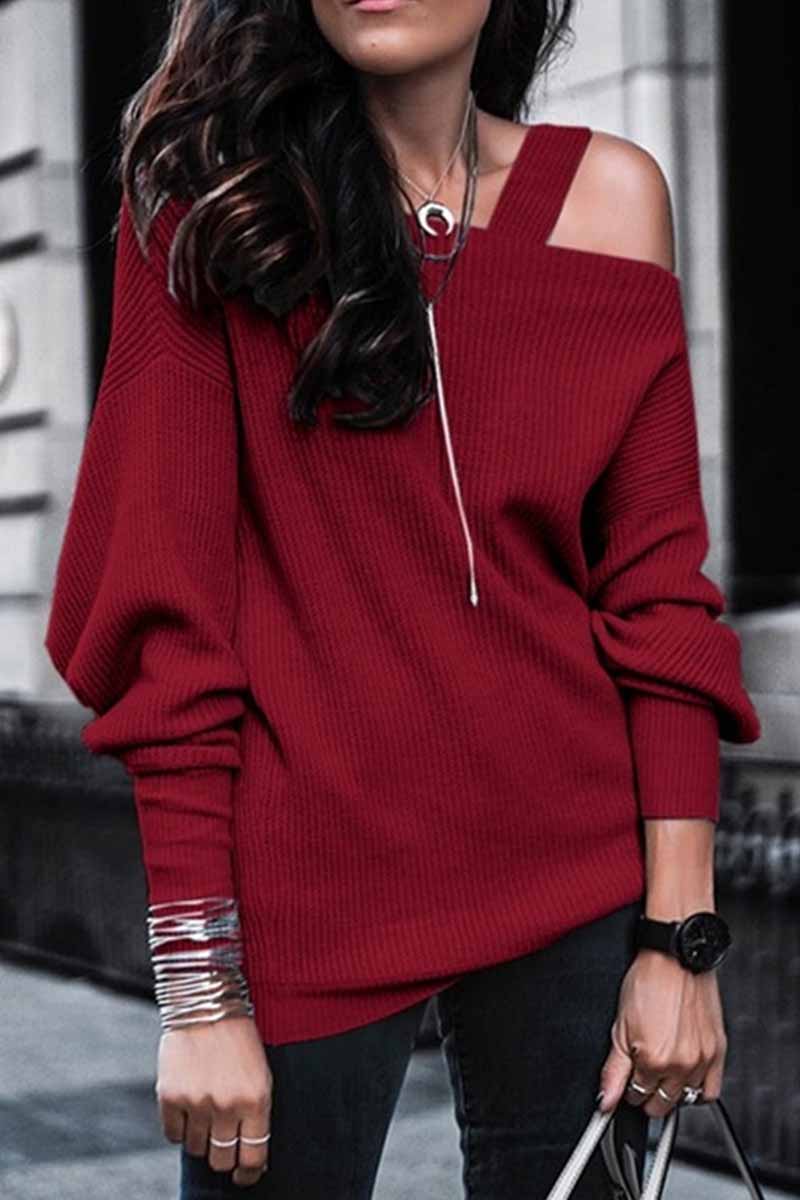 Hoombox  Solid Color Leaky Shoulder Knit Top