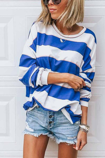Hoombox  Loose Round Neck Striped T-shirt