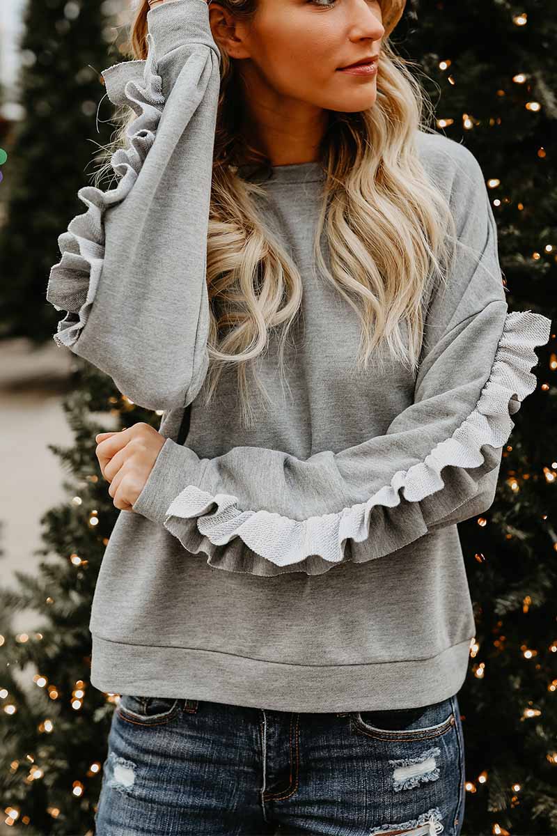 Hoombox  Loose Round Neck Ruffled Long Sleeves Tops