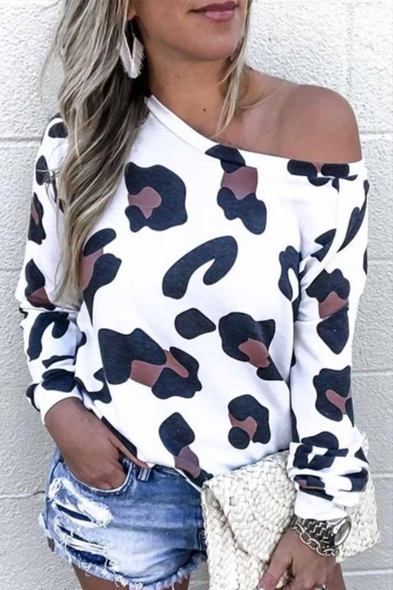 Hoombox Hoombox Sexy Off-Shoulder Leopard O-Neck Top