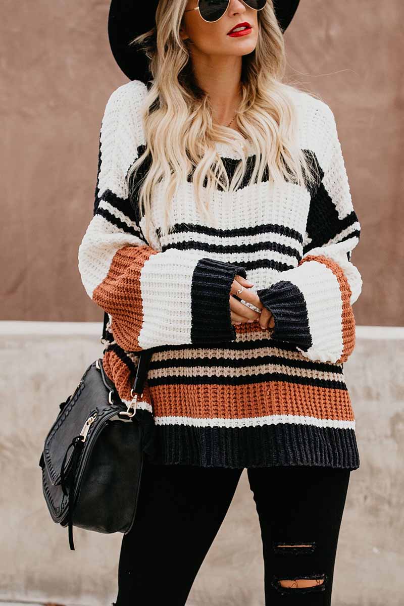 Hoombox  Paneled Knitted Striped Sweater