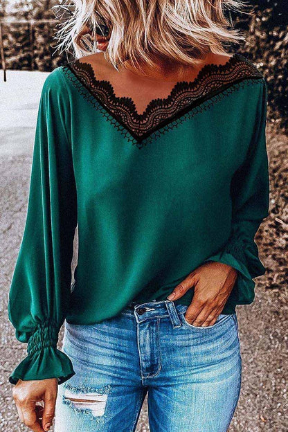 Hoombox  Lace V-Neck Long Sleeve Tops