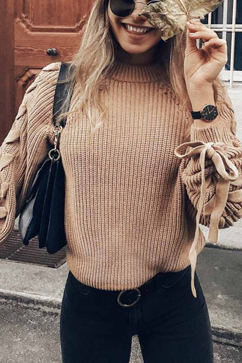 Hoombox  Tie Round Neck Solid Color Sweater